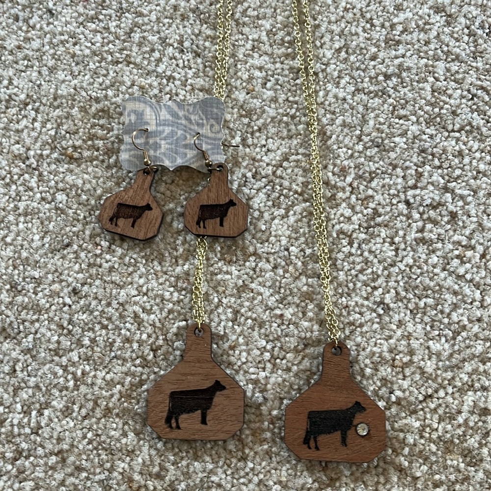 Wood dairy cow laser made earring and necklace set